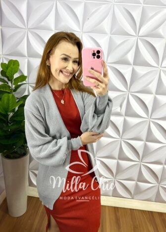 Cardigã Tricot Mídi Manga Longa Ramona - Cinza - Milla Chic