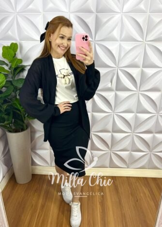 Cardigã Tricot Mídi Manga Longa Ramona - Preto - Milla Chic