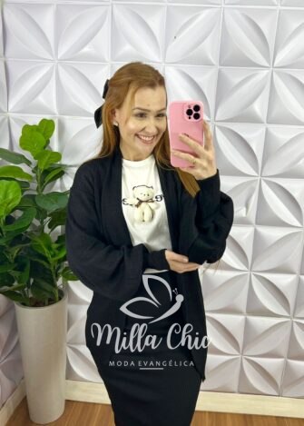 Cardigã Tricot Mídi Manga Longa Ramona - Preto - Milla Chic