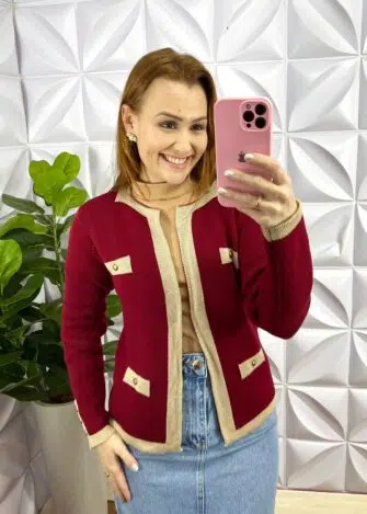 Casaco De Tricot Modal Com Botões Dourados Romana - Cherry - Milla Chic