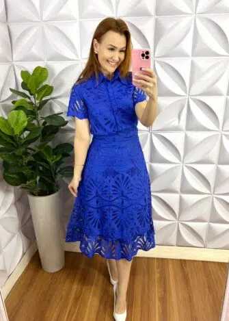 Conjunto Richilieu Camisa e Saia Mídi Lisboa - Azul - Milla Chic