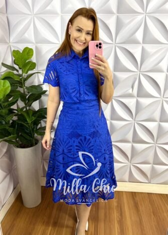 Milla Chic - millachic com br conjunto Conjunto Richilieu Camisa e Saia Mídi Lisboa - Azul - Milla Chic