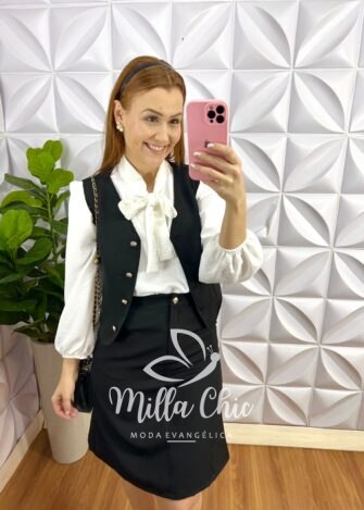 Conjunto Alfaiataria Com Colete e Botões Dourados Carolina - Preto - Milla Chic