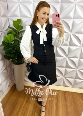 Conjunto Alfaiataria Com Colete e Botões Dourados Carolina - Preto - Milla Chic