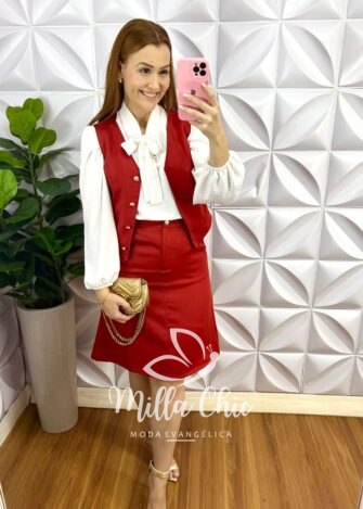 Conjunto Alfaiataria Com Colete e Botões Dourados Carolina - Terra Cota - Milla Chic