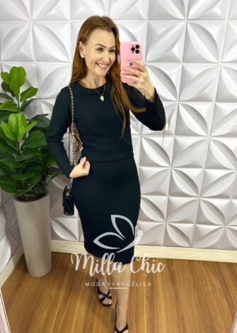 Conjunto Anarruga Blusa Manga Longa E Saia Reta Moana - Preto - Milla Chic