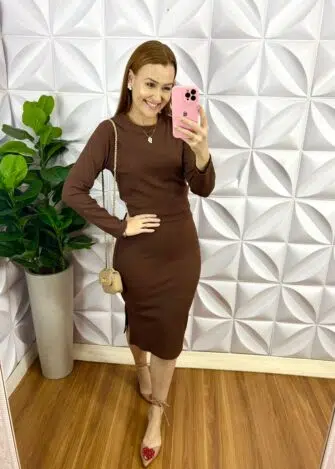 Conjunto Anarruga Blusa Manga Longa E Saia Reta Moana - Marrom - Milla Chic