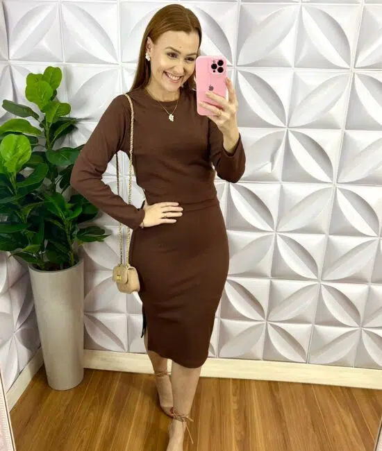 Conjunto Anarruga Blusa Manga Longa E Saia Reta Moana - Marrom - Milla Chic