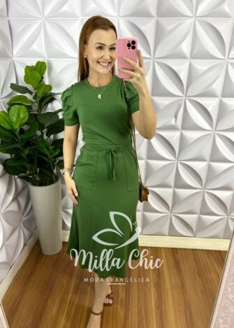 Conjunto Tecido Moletinho Manga Princesa Saia Mídi Melissa - Verde - Milla Chic