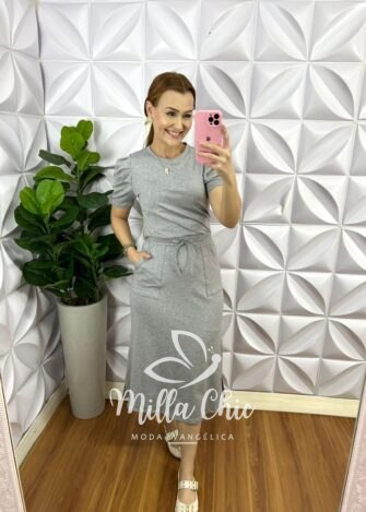 Conjunto Tecido Moletinho Manga Princesa Saia Mídi Melissa - Cinza - Milla Chic