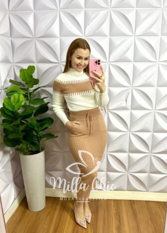 Conjunto Trico Manga Longa Saia Mídi Graciela - Areia e Branco - Milla Chic
