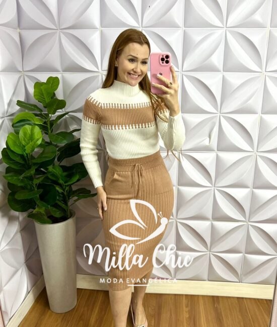 Conjunto Trico Manga Longa Saia Mídi Graciela - Areia e Branco - Milla Chic