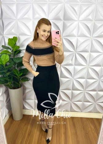 Milla Chic - millachic com br conjunto trico manga longa saia midi graciela areia e branco copia 2 Conjunto Trico Manga Longa Saia Mídi Graciela - Preto e Areia - Milla Chic