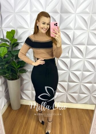 Conjunto Trico Manga Longa Saia Mídi Graciela - Preto e Areia - Milla Chic