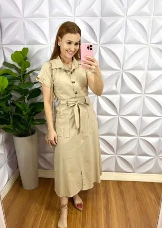 Conjunto Tricoline De Algodão Com Camisa E Saia Mídi Paula - Areia - Milla Chic