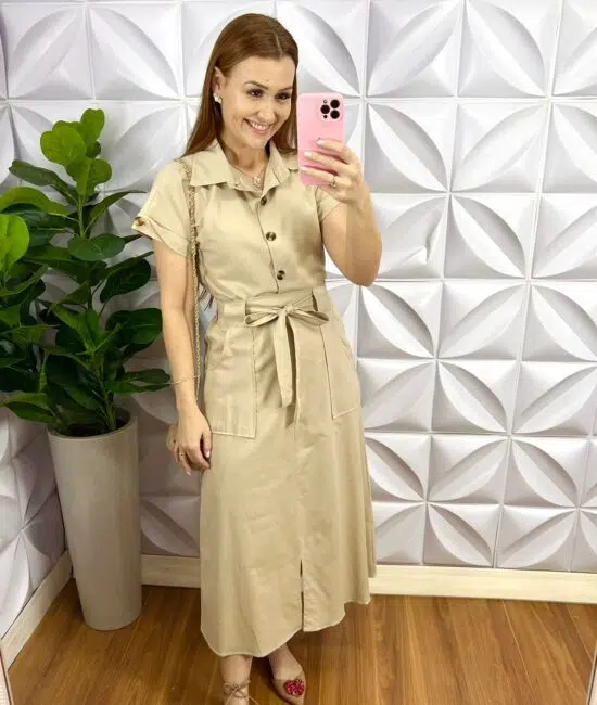 Conjunto Tricoline De Algodão Com Camisa E Saia Mídi Paula - Areia - Milla Chic