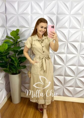 Conjunto Tricoline De Algodão Com Camisa E Saia Mídi Paula - Areia - Milla Chic