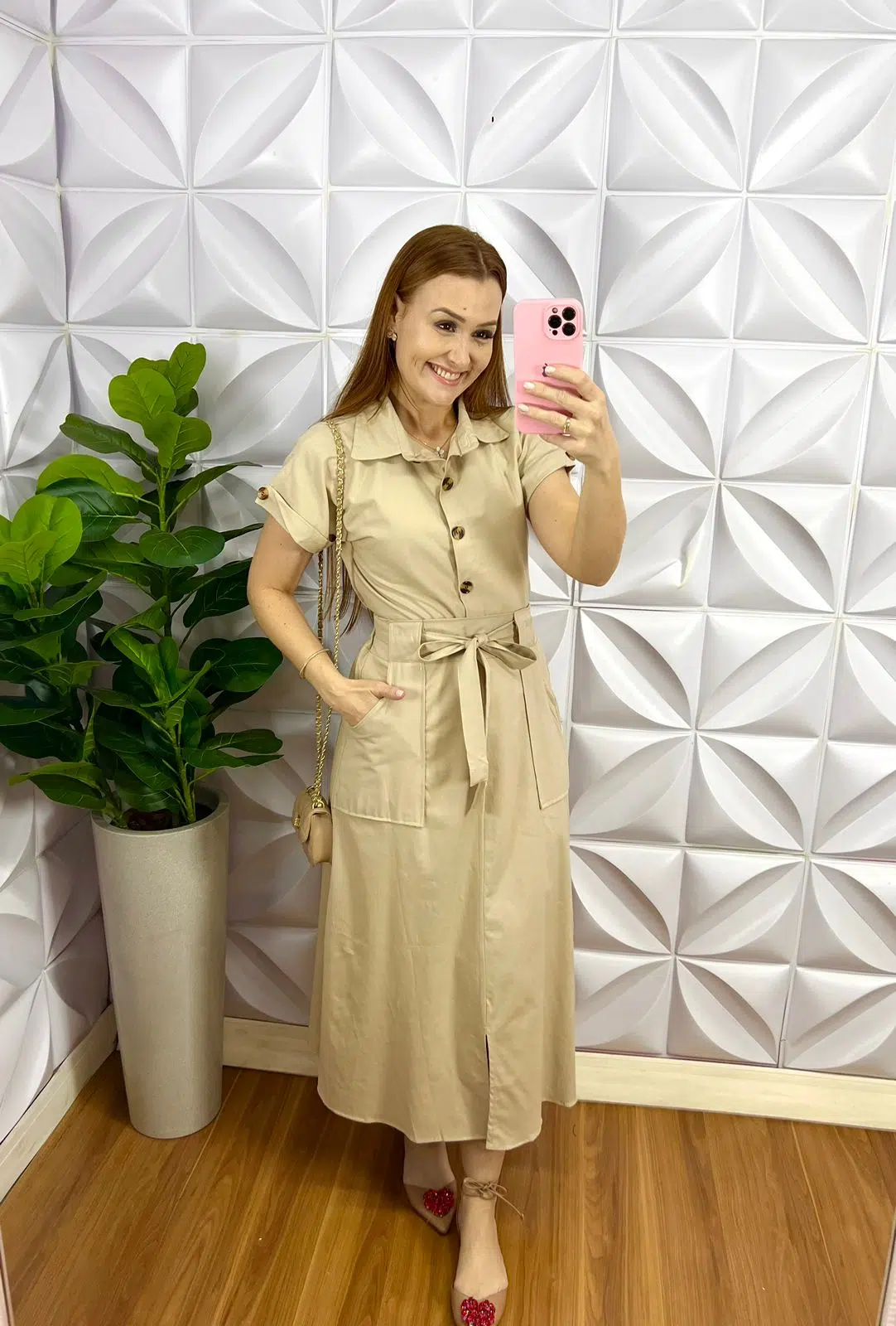 Conjunto Tricoline De Algodão Com Camisa E Saia Mídi Paula - Areia - Milla Chic