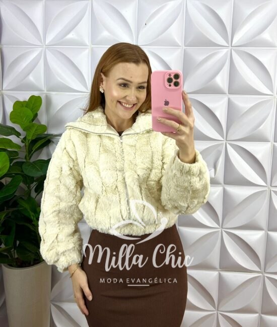 Jaqueta Puffer De Pelo Forrada De Cetim Luísa - Creme - Milla Chic