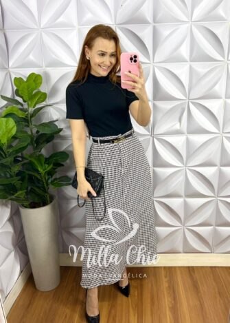 Saia Alfaiataria Mídi Evase Estampada Rebecca - Preta e Branca - Milla Chic