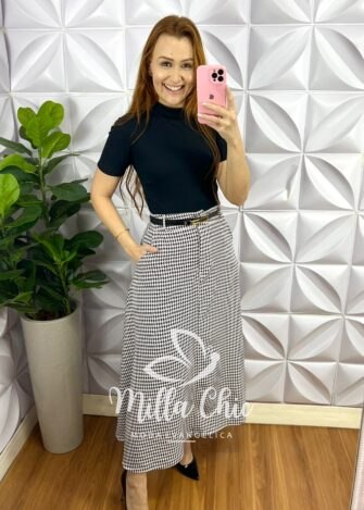 Saia Alfaiataria Mídi Evase Estampada Rebecca - Preta e Branca - Milla Chic