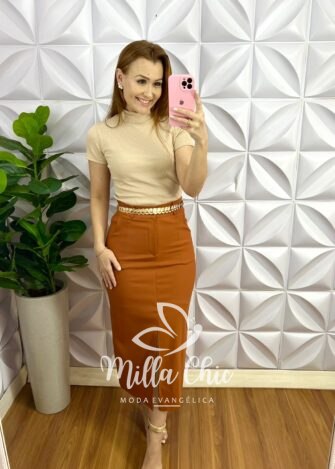 Saia Sarja Com Elastano Mídi Fenda Frontal Cristina - Caramelo - Milla Chic