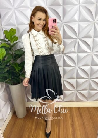 Saia Couro Toda De Pregas Ate o Joelho Havana - Preta - Milla Chic