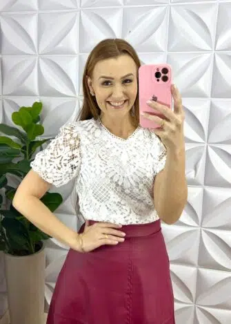 Saia De Couro Modelo Reta Com Faixa Envelope Lateral Fatima - Preta - Milla Chic