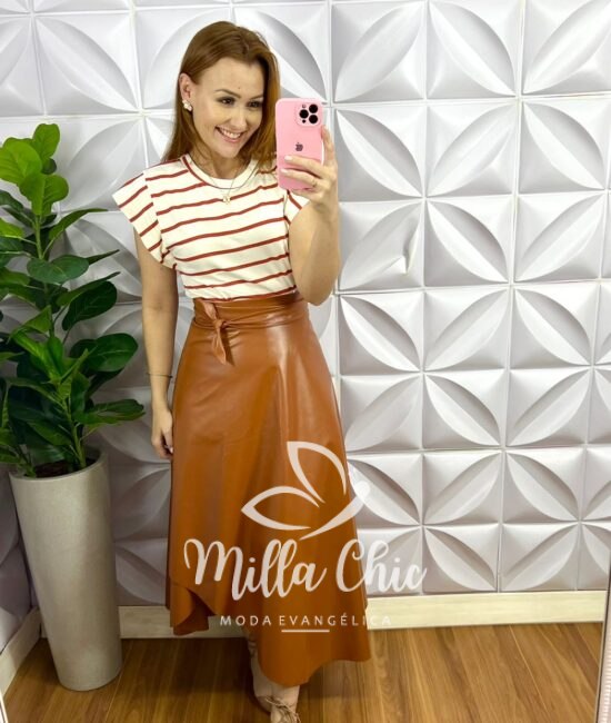 Saia Envelope De Couro Mídi Liriane - Caramelo - Milla Chic
