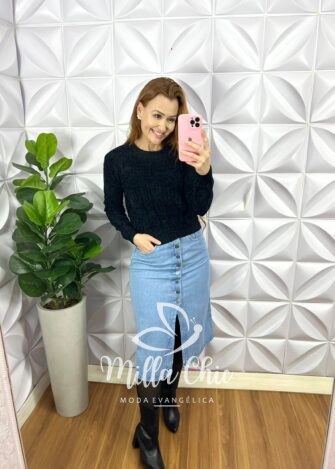 Saia Jeans Com Botões Funcionais E Fenda Frontal Safira - Azul - Milla Chic
