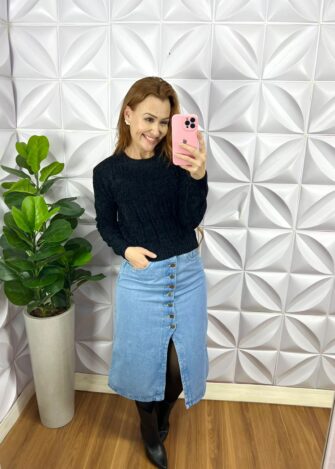 Saia Jeans Com Botões Funcionais E Fenda Frontal Safira - Azul - Milla Chic