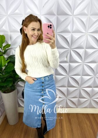 Saia Jeans Com Botões Funcionais E Fenda Frontal Safira - Azul - Milla Chic