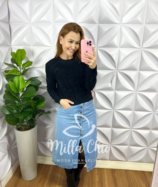 Saia Jeans Com Botões Funcionais E Fenda Frontal Safira - Azul - Milla Chic