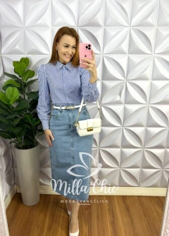 Milla Chic - millachic com br saia jeans com fenda nas costas midi genova azul 1 Saia Jeans Com Fenda Nas Costas Mídi Gênova - Azul - Milla Chic