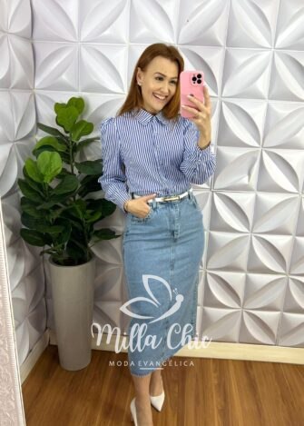 Milla Chic - millachic com br saia jeans com fenda nas costas midi genova azul Saia Jeans Com Fenda Nas Costas Mídi Gênova - Azul - Milla Chic
