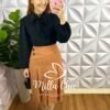 Saia Linho Com Pregas E Botão Ligia - Capuchino - Milla Chic