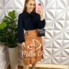 Saia Linho Com Pregas E Botão Ligia - Capuchino - Milla Chic