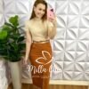 Saia Sarja Com Elastano Mídi Fenda Frontal Cristina - Caramelo - Milla Chic