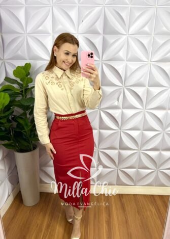 Saia Sarja Com Elastano Mídi Fenda Frontal Cristina - Terra Cota - Milla Chic