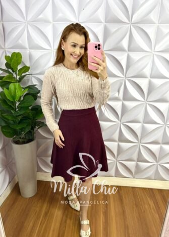Saia Tricô Com Elástico Na Cintura Natalie - Cherry - Milla Chic