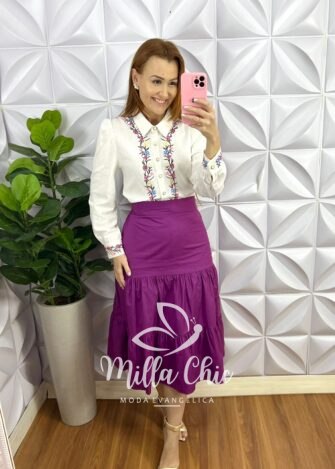 Saia Tricoline De Algodão Três Marias Mídi Marisa - Roxa - Milla Chic