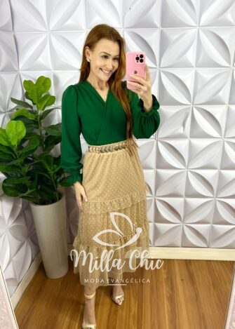 Saia Tule De Poá Mídi Com Babadinhos Ariele - Areia - Milla Chic