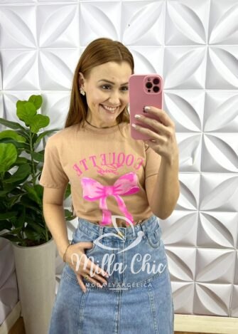 Tshirt Com Silque De Laço Malha de Algodão Carla - Areia - Milla Chic