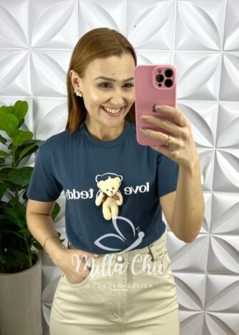 Tshirt De Malha de Algodão Ursinho Removível Laila - Azul - Milla Chic