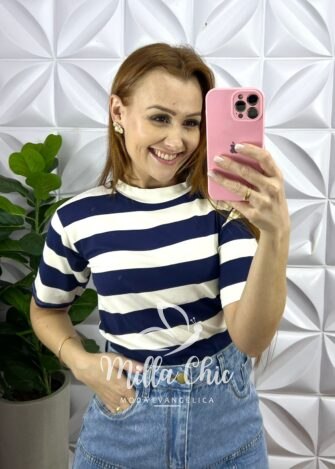 Tshirt Listrada Com Gola Alta Mabel - Azul - Milla Chic