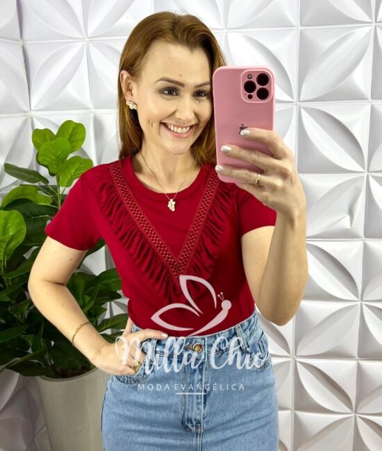 Tshirt Malha Com Detalhe de Babado Terezinha - Vermelha - Milla Chic