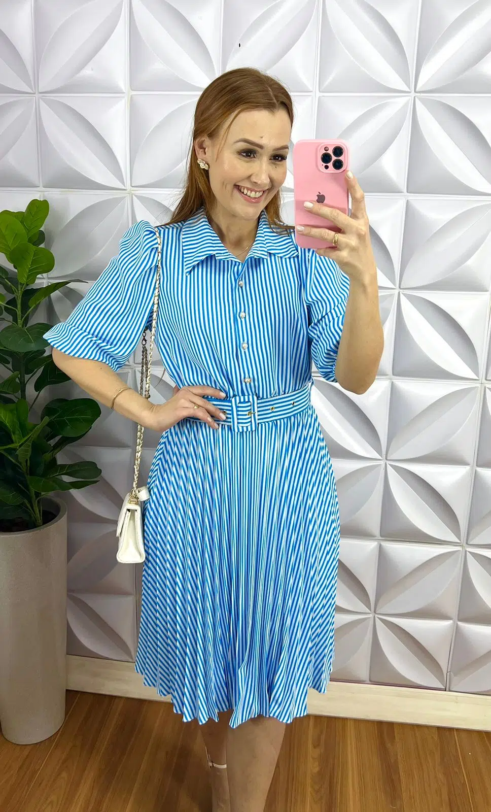 Vestido Alfaiataria Listrado Com Saia Plissada Manga 7/8 Aurora - Azul - Milla Chic