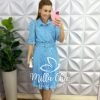Vestido Alfaiataria Listrado Com Saia Plissada Manga 7/8 Aurora - Azul - Milla Chic