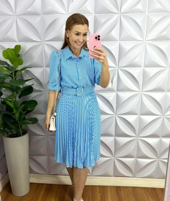 Vestido Alfaiataria Listrado Com Saia Plissada Manga 7/8 Aurora - Azul - Milla Chic