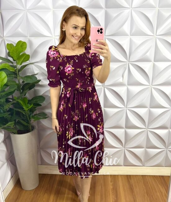 Vestido Alfaiataria Saia Plissada Manga Princesa Mariana - Cherry - Milla Chic